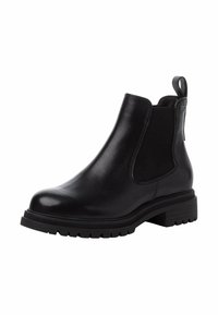 Black leather ankle boot with elastic side panels, rounded toe, and textured rubber sole. Features a pull tab for easy wear.