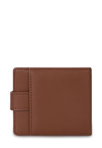 Brown leather wallet with a smooth texture, rectangular shape, and a side slot. Features stitching along the edges and a slim profile.