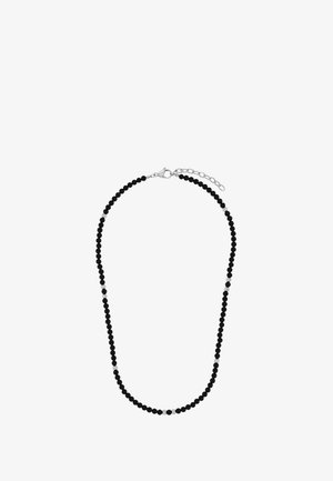 Czarny naszyjnik z koralików, składający się z okrągłych koralików oddzielonych metalowymi akcentami oraz srebrnym zapięciem z regulowanym łańcuszkiem.