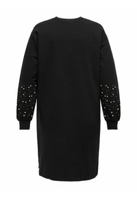 Robe noire à manches longues avec un col rond et un tissu texturé ; manches ornées d'accents de perles éparpillées et de perles métalliques.