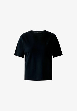 Schwarzes Kurzarm-T-Shirt aus Baumwolle, mit rundem Halsausschnitt und lockerer Passform, mit subtiler Logodetails auf der Vorderseite.