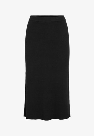 Saia midi preta de malha texturizada com cintura ajustada e detalhe de fenda lateral. Textura suave e formato reto. Design minimalista.