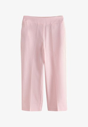 Gaiši rozā platās kājas kapri bikses ar gludu vidukļa joslu un smalkām vertikālām krokām, izvietotas plakani uz baltas virsmas.