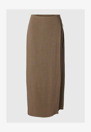 Pruun midi-mähkseelik külje sidumispaelaga, valmistatud tekstuuriga kangast, kuvatud ühevärvilisel helehallil taustal.