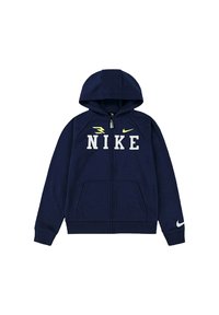 Felpa zip con cappuccio di colore blu navy, con lettering grigio "NIKE" e un piccolo logo giallo. Maniche a costine e due tasche frontali.