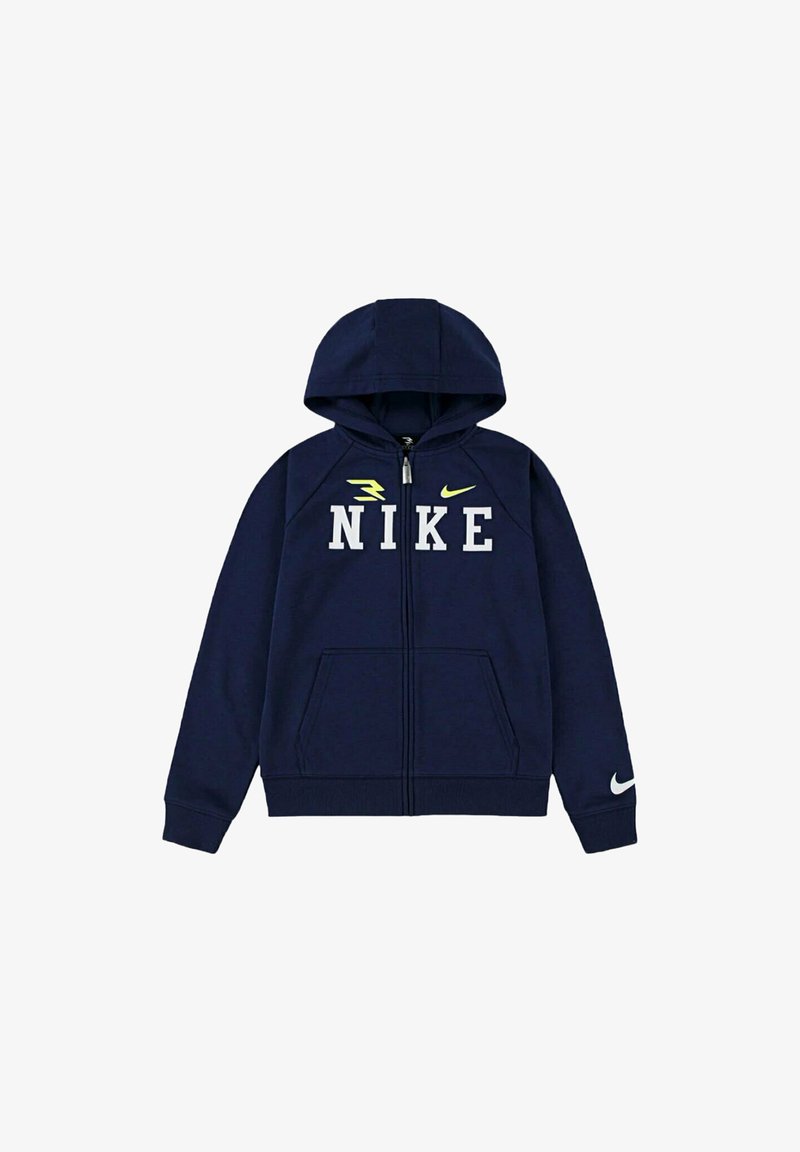 Felpa zip con cappuccio di colore blu navy, con lettering grigio "NIKE" e un piccolo logo giallo. Maniche a costine e due tasche frontali.
