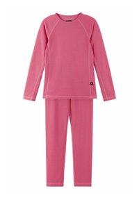 Completo termico rosa realizzato in tessuto elasticizzato. Caratterizzato da maniche lunghe, scollatura rotonda e pantaloni abbinati con vita elastica. Superficie testurizzata.