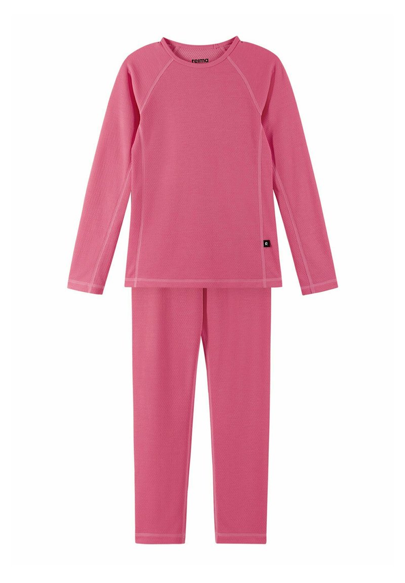 Completo termico rosa realizzato in tessuto elasticizzato. Caratterizzato da maniche lunghe, scollatura rotonda e pantaloni abbinati con vita elastica. Superficie testurizzata.
