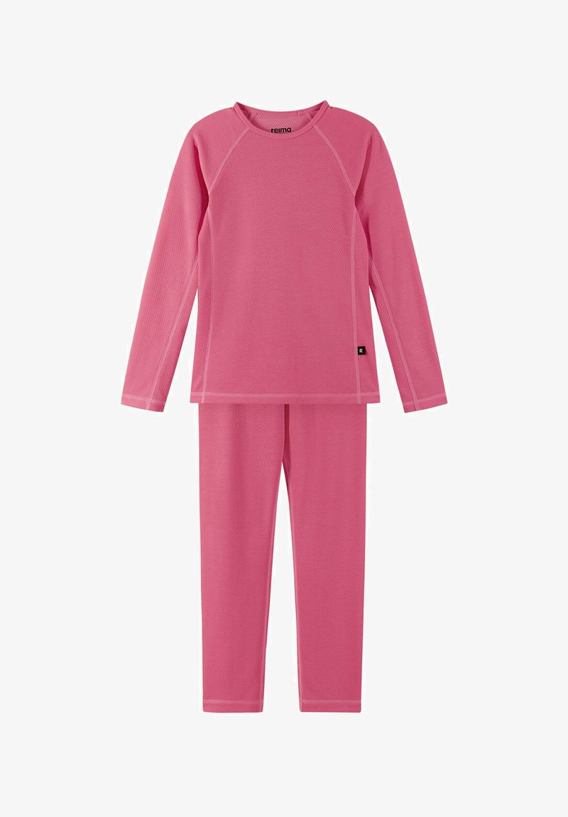 Completo termico rosa realizzato in tessuto elasticizzato. Caratterizzato da maniche lunghe, scollatura rotonda e pantaloni abbinati con vita elastica. Superficie testurizzata.