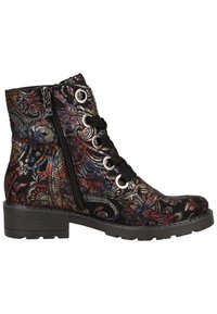 Bottine noire à la cheville avec motif floral paisley multicolore, fermeture éclair latérale, semelle épaisse et grands œillets métalliques avec lacets noirs.