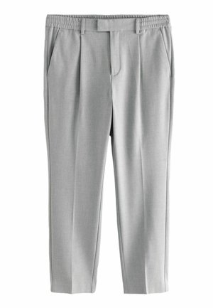 Hellgraue maßgeschneiderte Hose mit elastischem Bund, seitlichen Taschen, Gürtelschlaufen und Vorderfalte.