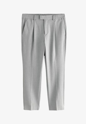 Light grey tailored trousers with an elastic waistband, side pockets, belt loops, and front crease details.