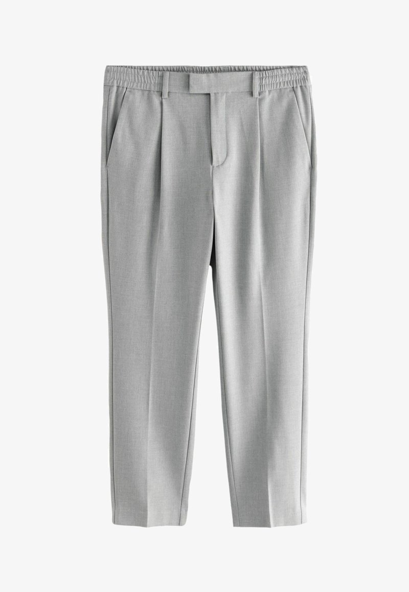 Pantalons tailleur gris clair avec une taille élastique, des poches latérales, des passants de ceinture et des détails de pli avant.