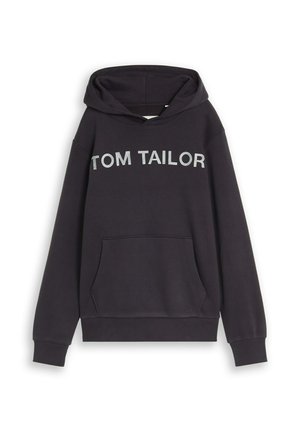Sweat à capuche noir avec poche avant et "TOM TAILOR" imprimé en grandes lettres blanches sur la poitrine.