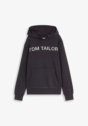 Czarna bluza z kapturem i kieszenią z przodu, z napisem "TOM TAILOR" nadrukowanym dużymi białymi literami na piersi.
