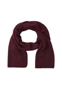 Burgundy tørklæde lavet af blødt stof; har en glat tekstur med flossede kanter. Designet til at blive båret snoet eller draperet om halsen.