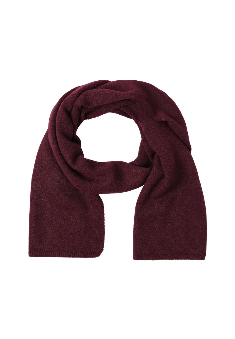 Burgundy tørklæde lavet af blødt stof; har en glat tekstur med flossede kanter. Designet til at blive båret snoet eller draperet om halsen.