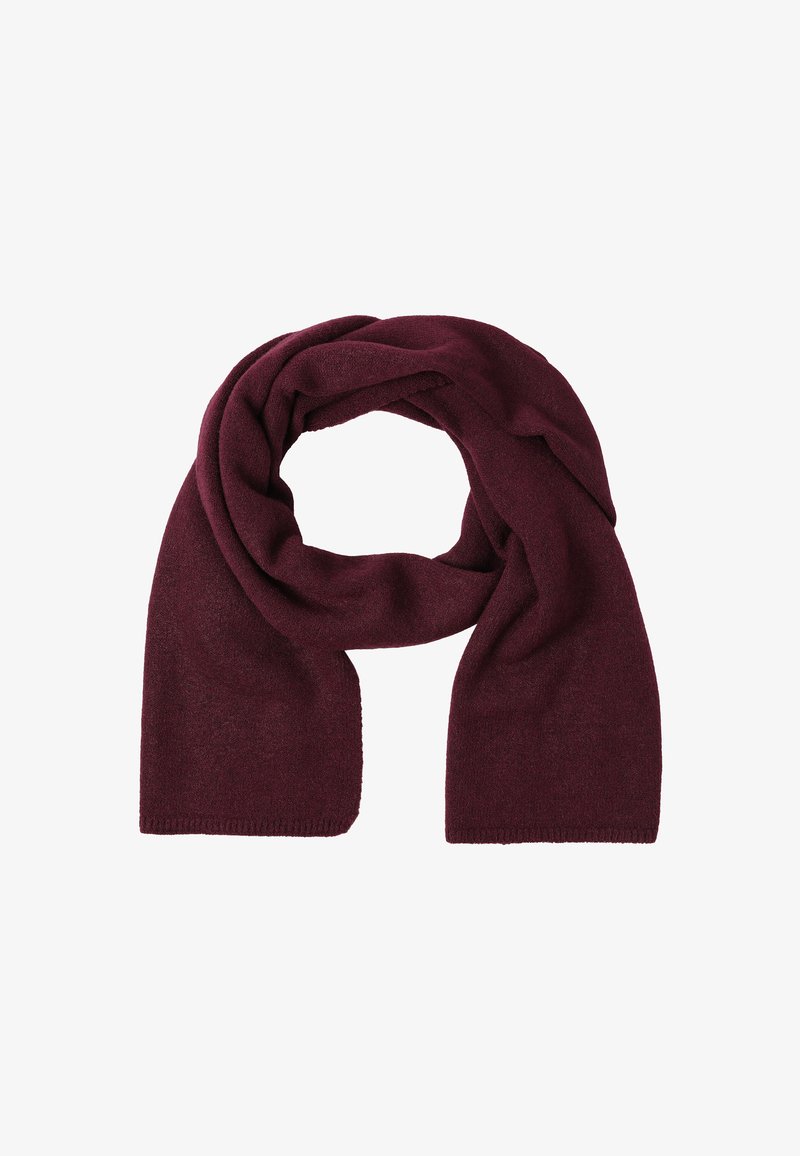 Écharpe bordeaux en tissu doux ; présente une texture lisse avec des bords effilochés. Conçue pour être portée enroulée ou drapée autour du cou.