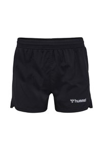 Shorts atletici neri con vita elastica, realizzati in un tessuto leggero. Presentano un logo sul lato destro in basso e fessure laterali.