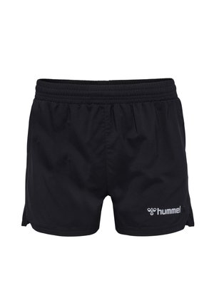 Zwarte sportshorts met een elastische tailleband, gemaakt van een lichtgewicht stof. Bevat een logo aan de rechter onderzijde en zijslits.
