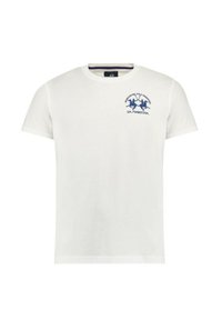 T-shirt blanc à manches courtes avec un petit logo de joueur de polo bleu marine et le texte "La Martina" sur le coin supérieur gauche de la poitrine.