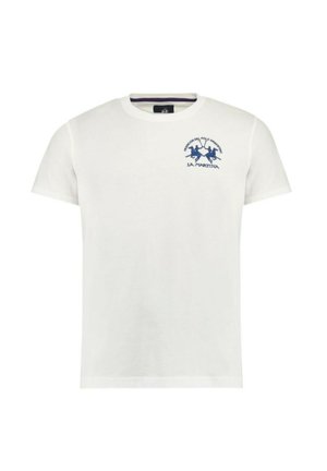 Vit kortärmad T-shirt med en liten marinblå polo-spelare logotyp och "La Martina" text på övre vänstra bröstet.