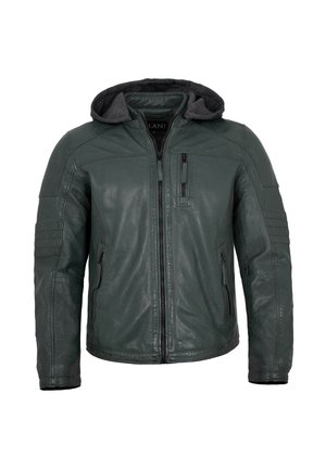 Dark green leather jacket with front zipper, zippered chest and side pockets, padded elbows, and attached dark gray fabric hood.