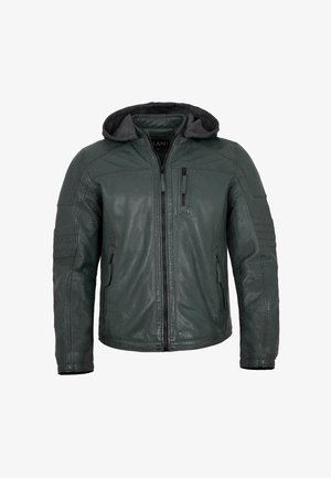 Dunkelgrüne Lederjacke mit Frontreißverschluss, Reißverschlusstaschen an Brust und Seiten, gepolsterten Ellbogen und angenähter dunkelgrauer Stoffkapuze.