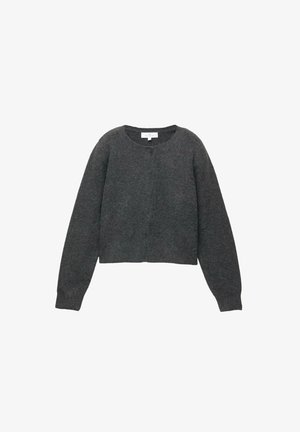 Donkergrijze, cropped cardigan van zachte wol. Beschikt over een ronde halslijn, lange mouwen en een rij knopen aan de voorkant.