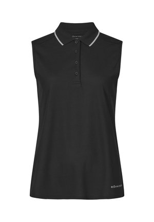 Czarna bezrękawnikowa koszulka polo z kołnierzykiem, trzema guzikami oraz kontrastowym szarym paskiem na kołnierzyku. Gładka, lekka tkanina.