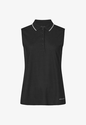 Czarna bezrękawnikowa koszulka polo z kołnierzykiem, trzema guzikami oraz kontrastowym szarym paskiem na kołnierzyku. Gładka, lekka tkanina.
