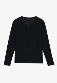 Langærmet sort henley skjorte lavet af ribbet stof, med rund halsudskæring og tre-knaps placket foran.