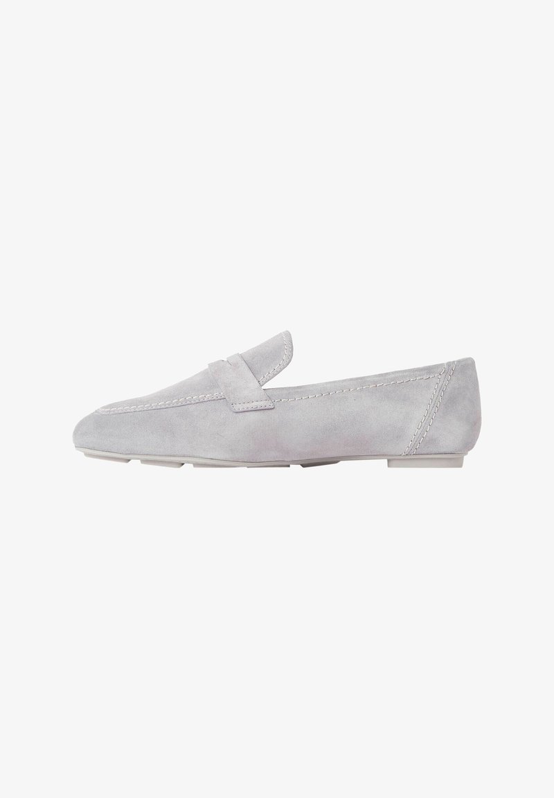 Gray suede loafers with a flat sole, featuring a decorative strap and stitched accents along the edges, smooth texture throughout.