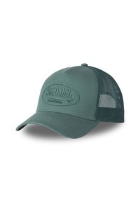 Gorra trucker verde azulado con visera curvada, paneles traseros de malla y logotipo en relieve "Von Dutch California" en la parte frontal.