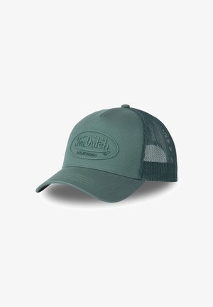 Gorra trucker verde azulado con visera curvada, paneles traseros de malla y logotipo en relieve "Von Dutch California" en la parte frontal.