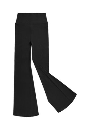 Leggings neri a zampa d'elefante realizzati in tessuto elasticizzato. Vita alta, texture liscia e design con orlo svasato per maggiore libertà di movimento.