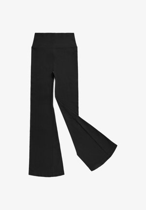 Leggings neri a zampa d'elefante realizzati in tessuto elasticizzato. Vita alta, texture liscia e design con orlo svasato per maggiore libertà di movimento.