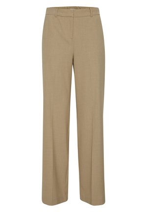 Tan wide-leg trousers made of textured fabric. Features a flat front, belt loops, and a relaxed fit with straight hems.