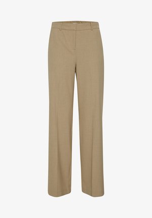 Beige široke hlače iz teksturiranega materiala. Imajo ravno sprednjo stran, zanke za pas in sproščen kroj s pravimi robovi.