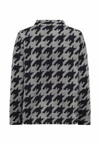 Grijze gebreide trui met een zwart houndstooth-patroon, lange mouwen en een kraaghals. Zachte textuur met een ontspannen pasvorm.