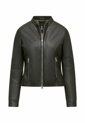 Giacca di pelle nera con colletto alto, chiusura a zip frontale e due tasche laterali con zip; texture liscia e design aderente.