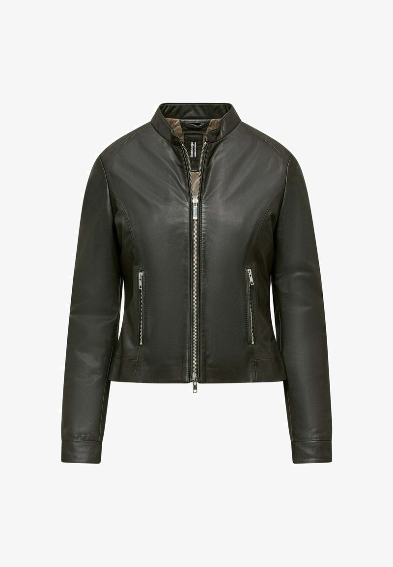 Giacca di pelle nera con colletto alto, chiusura a zip frontale e due tasche laterali con zip; texture liscia e design aderente.