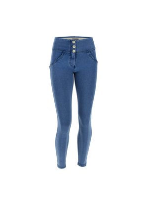 Jeans in denim slim-fit di colore blu scuro. Vita alta con quattro bottoni. Presenta due tasche laterali e un dettaglio di cucitura frontale. Texture liscia.