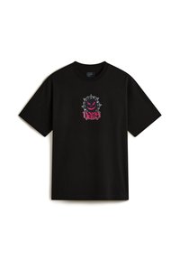 Camiseta de algodón negra con un diseño gráfico en la parte frontal que presenta un personaje de dibujos animados con picos y la palabra "VANS" en un estilo de escritura rosa. Mangas cortas.