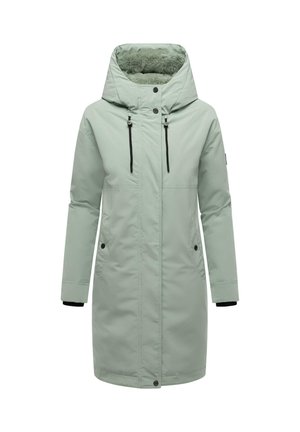 Parka isolée vert menthe avec capuche, fermeture à pression et cordon de serrage, poches avant, et accents noirs sur les poignets. Doublure intérieure douce.
