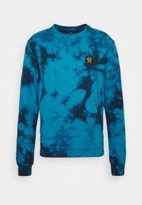 Blue tie-dye sweatshirt made of cotton, featuring a crew neck, long sleeves, and a square logo patch on the left chest area.