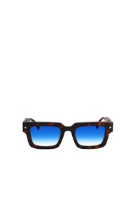 Occhiali da sole con montatura leopardata, forma quadrata e lenti blu sfumate; presentano accenti triangolari sulle tempie.