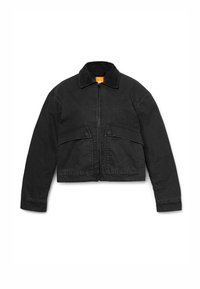 Black denim jacket with a zip front, collared neck, long sleeves, and two front pockets. Features a cropped design and sturdy fabric texture.