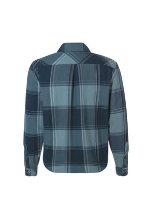 Langarmshirt in een donkerblauw en groen ruitpatroon. Gemaakt van een soepele stof met een kraag en knoopmanchetten.