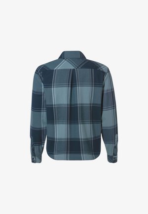 Langarmshirt in een donkerblauw en groen ruitpatroon. Gemaakt van een soepele stof met een kraag en knoopmanchetten.